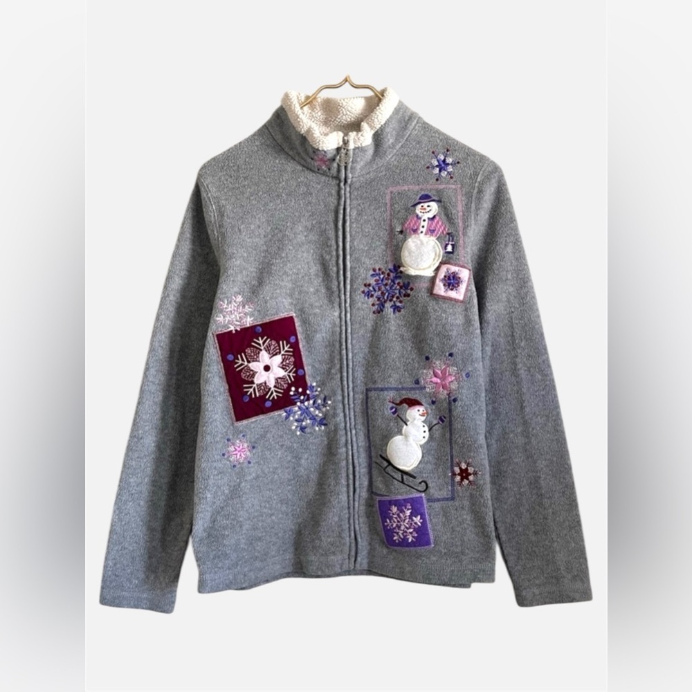 Croft & Barrow Holiday‎  Fleece Jacket Cozy Shabby Chic Snowman Embroidered  M